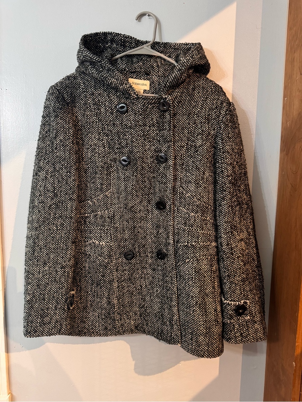 St. John's Bay Tweed Wool Blend Hooded Pea Coat Black White Size L